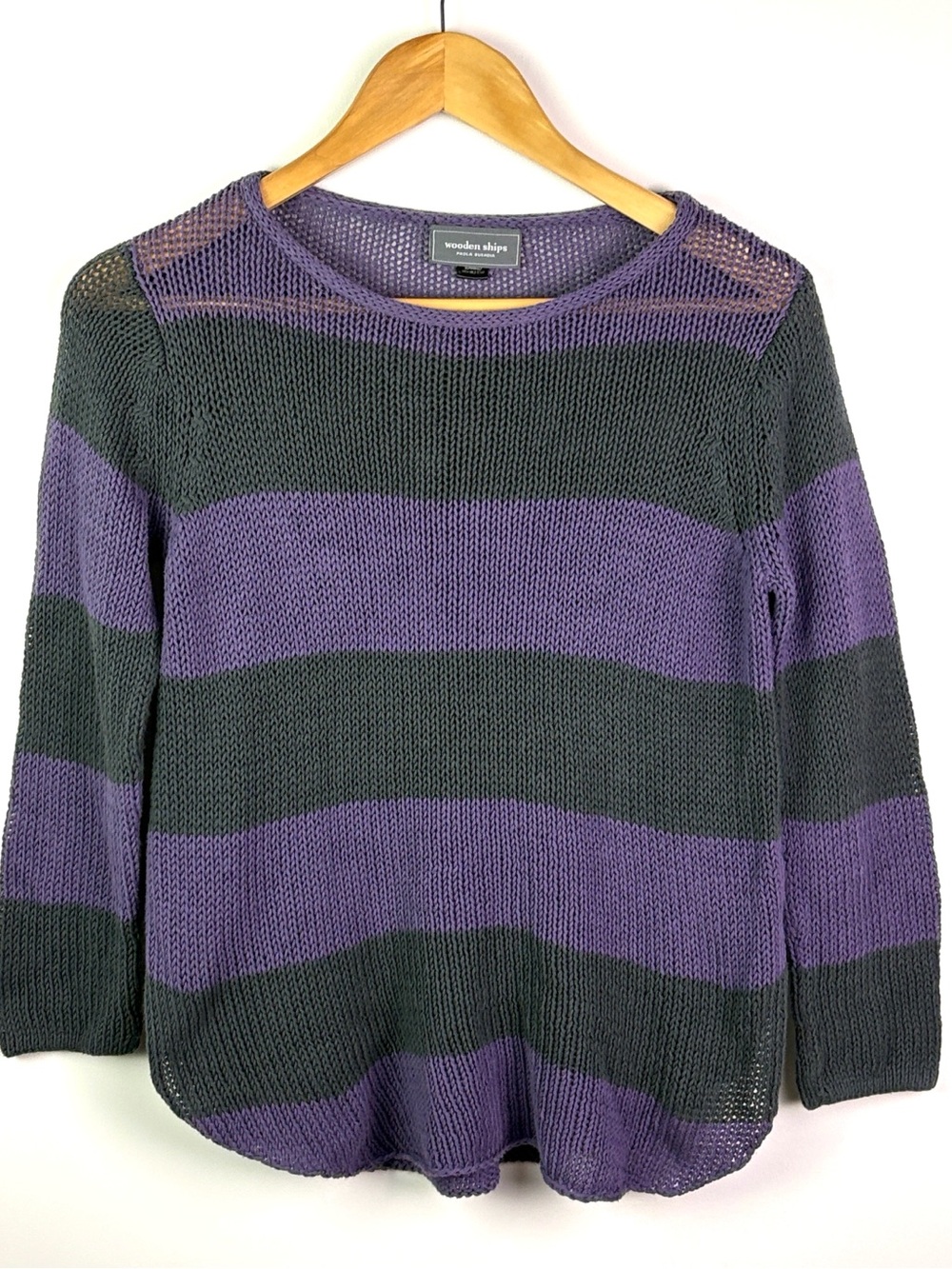 Wooden Ships Purple & Charcoal Wide-Stripe Lightweight Crew Sweater size S
